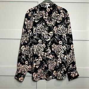Maurices Floral Button Up Blouse Black Beige Flowers Long Sleeve Work Medium